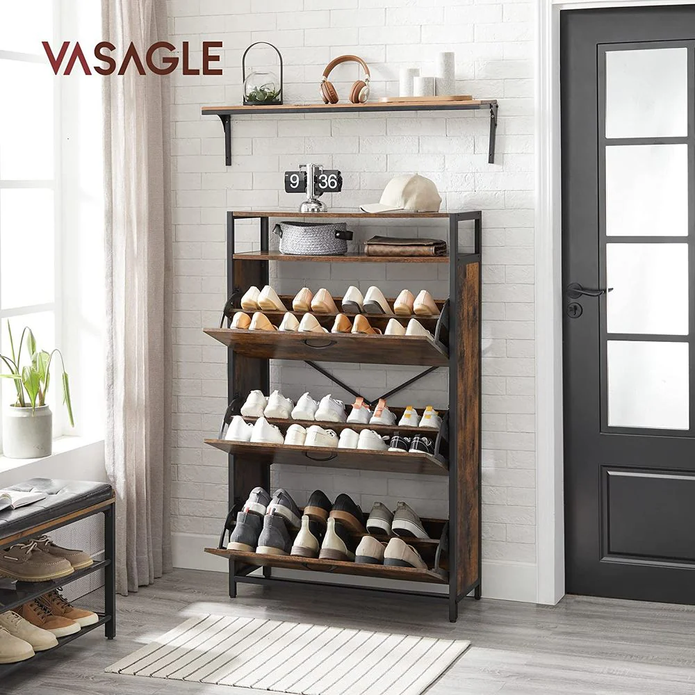 Schoenenkast met 3 Kleppen – Schoenenrek – Industriële Schoenenopberger met Staal en Houtlook - Image 5