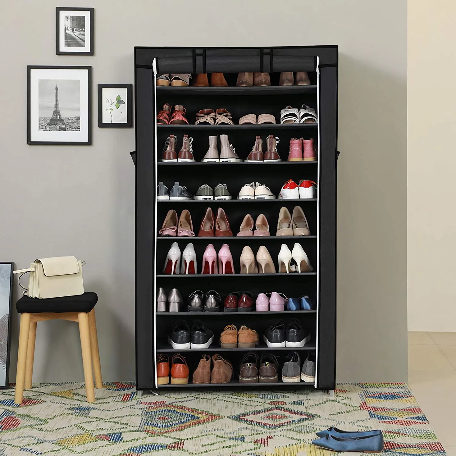 Schoenenkast met Stoffen Overtrek – 10 Lagen – Voor 45 Paar Schoenen – Met Ritsdeur en Zijkanten - Image 6