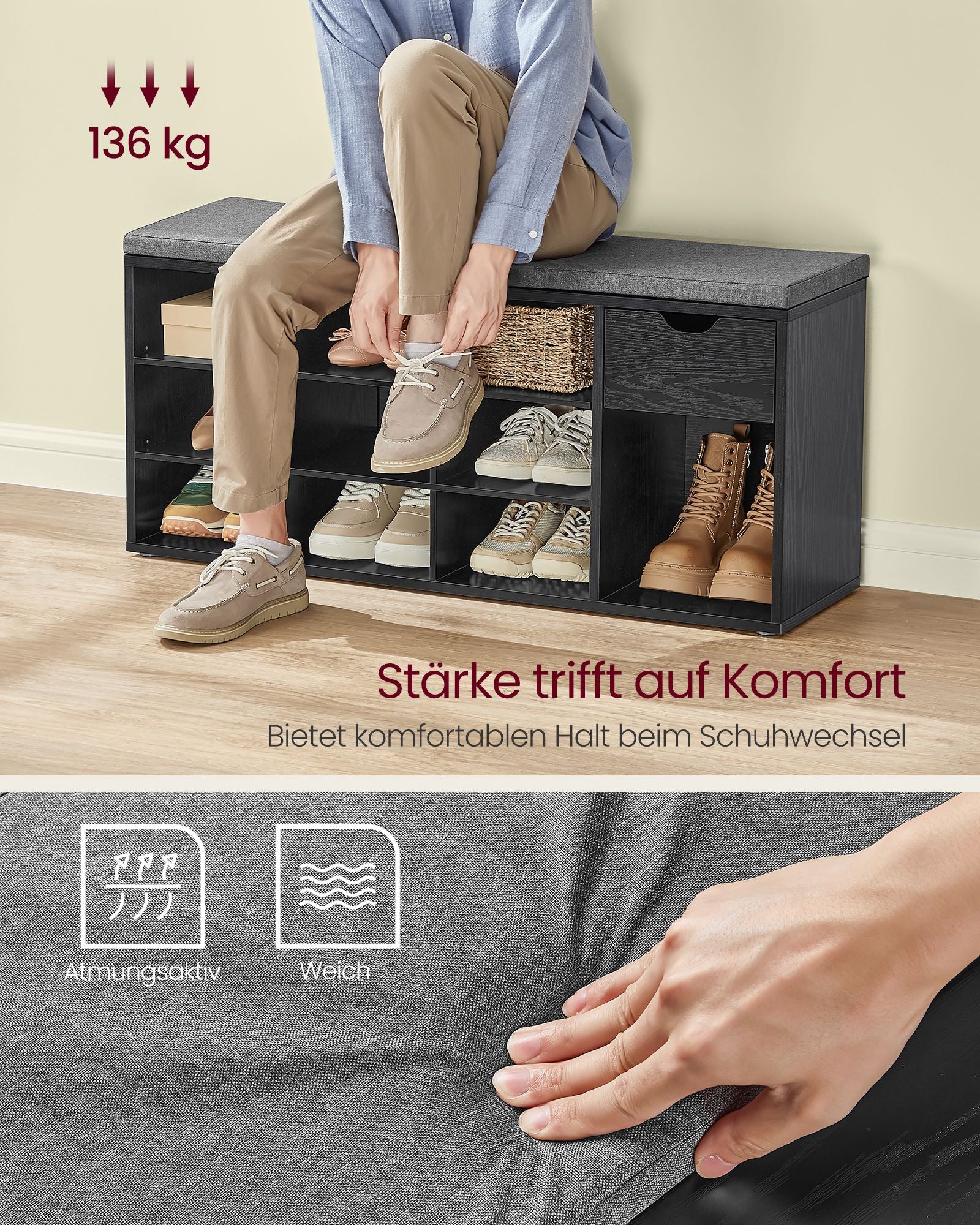 Schoenenopbergruimte – Schoenenbank met lade en open vakken – Geschikt voor hal en slaapkamer - Image 2