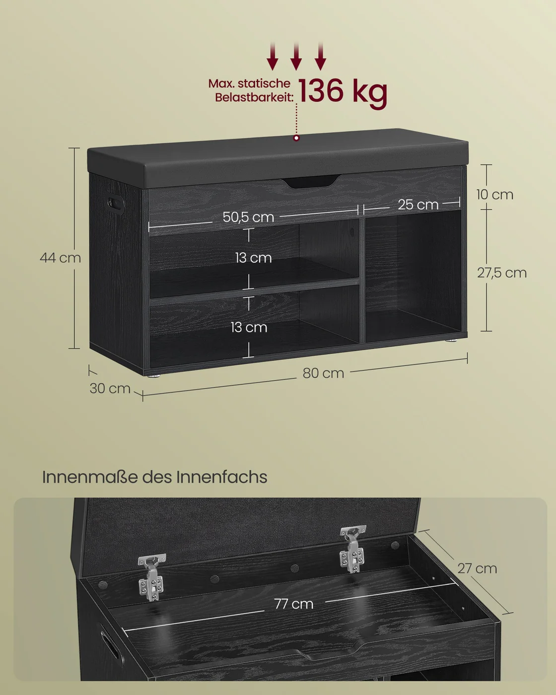 Schoenenopbergruimte – Schoenenbank met Zitting – Opbergbank met 3 Open Vakken – 30 x 80 x 44 cm – Draagvermogen tot 150 kg - Image 3