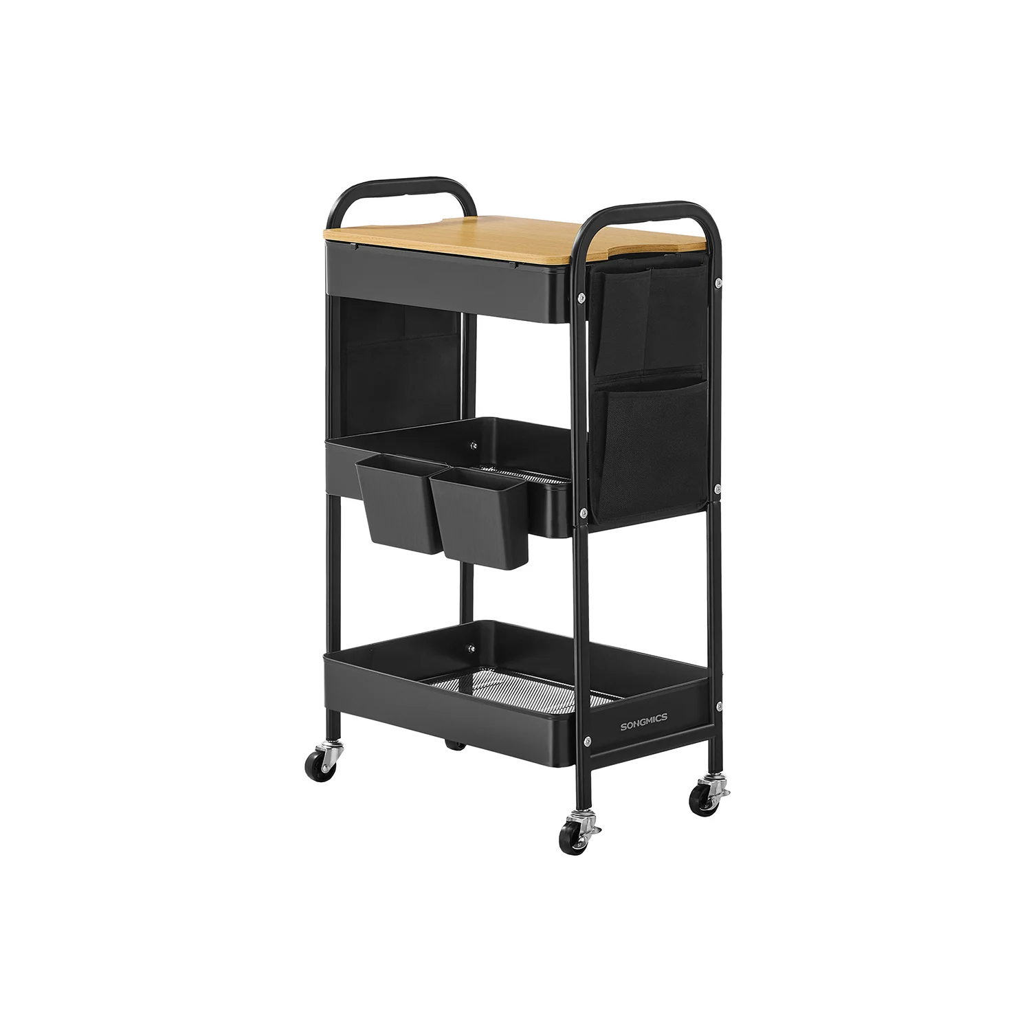 Serveerwagen – 3 Draadplanken – 2 Afneembare Hangbakken – Staal – 30,6 x 44,3 x 74,2 cm – 3,8 kg – Draagkracht 30 kg