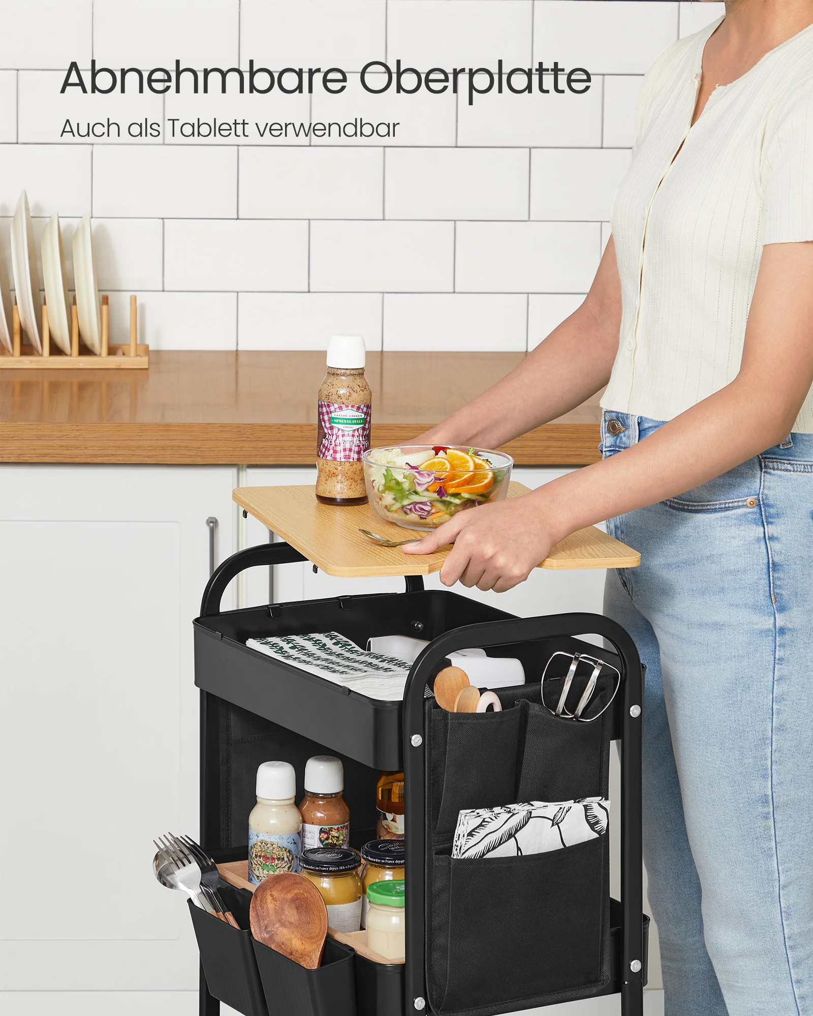 Serveerwagen – 3 Draadplanken – 2 Afneembare Hangbakken – Staal – 30,6 x 44,3 x 74,2 cm – 3,8 kg – Draagkracht 30 kg - Image 2