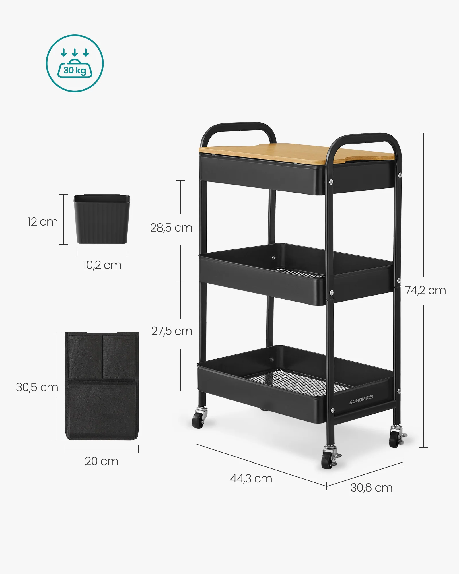 Serveerwagen – 3 Draadplanken – 2 Afneembare Hangbakken – Staal – 30,6 x 44,3 x 74,2 cm – 3,8 kg – Draagkracht 30 kg - Image 4