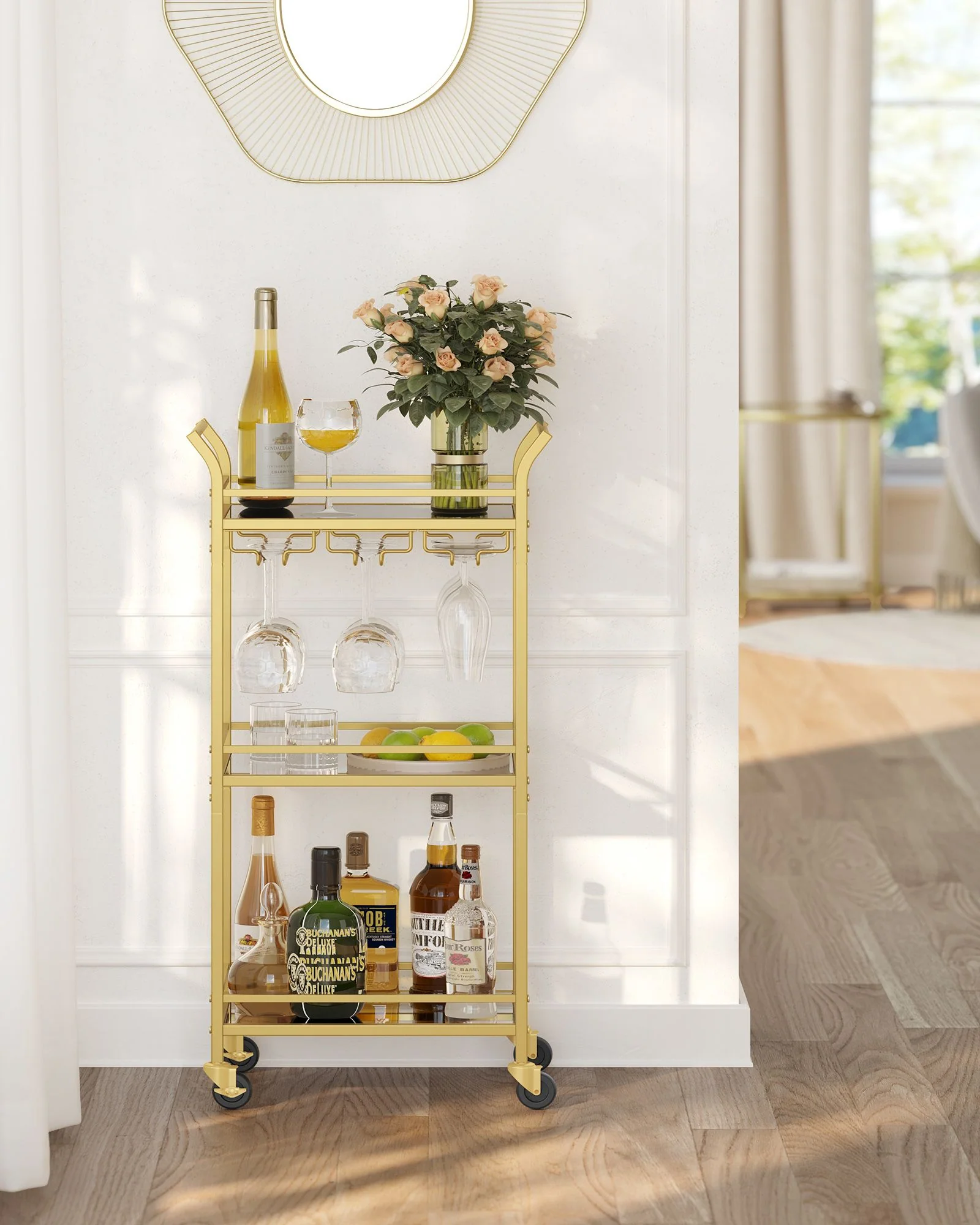 Serveerwagen – Drielaags – Op wielen – Met handgrepen – Spiegelende glazen planken – Voor kleine ruimtes – Keuken – Eetkamer – Bar – Staal - Image 2