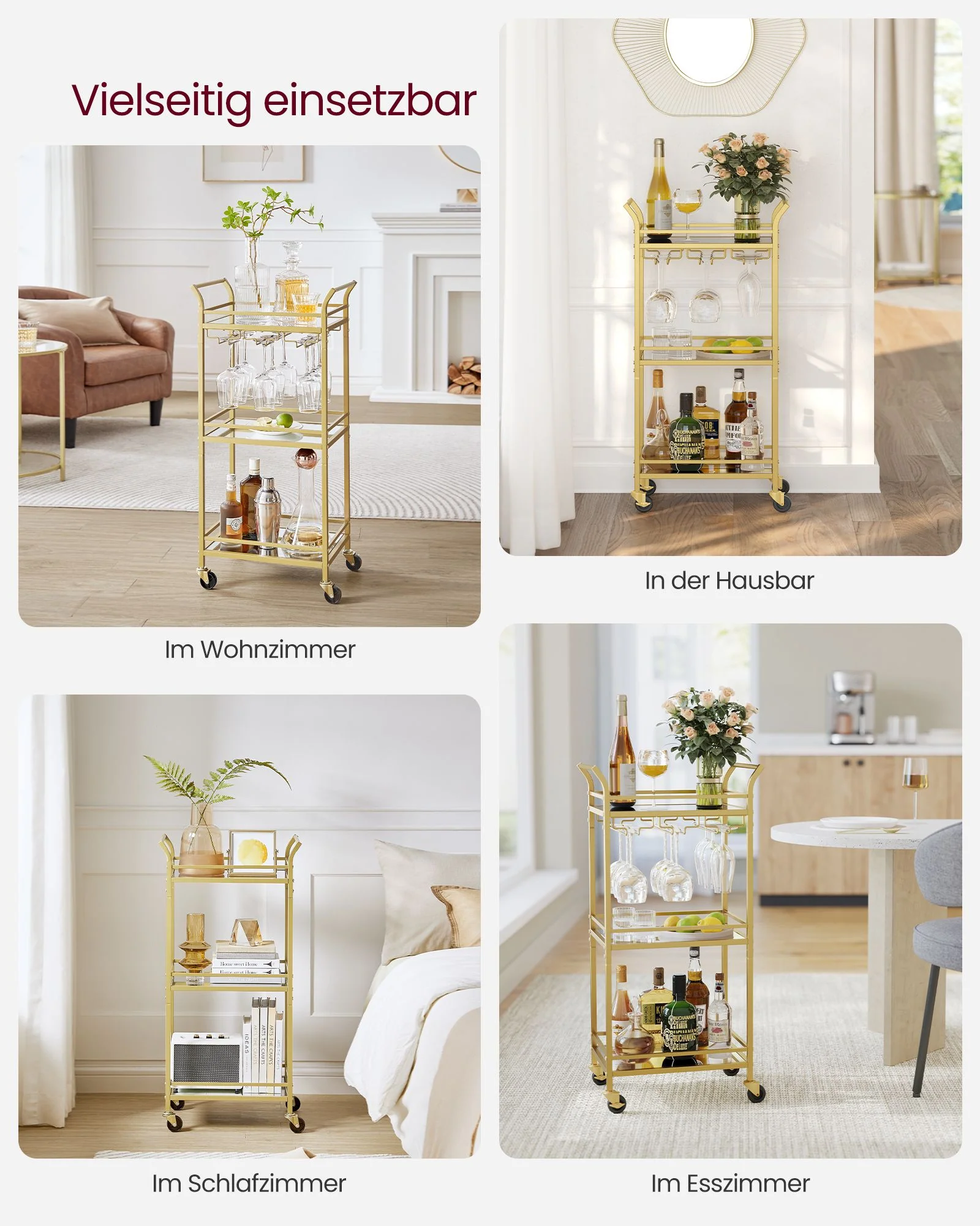 Serveerwagen – Drielaags – Op wielen – Met handgrepen – Spiegelende glazen planken – Voor kleine ruimtes – Keuken – Eetkamer – Bar – Staal - Image 3