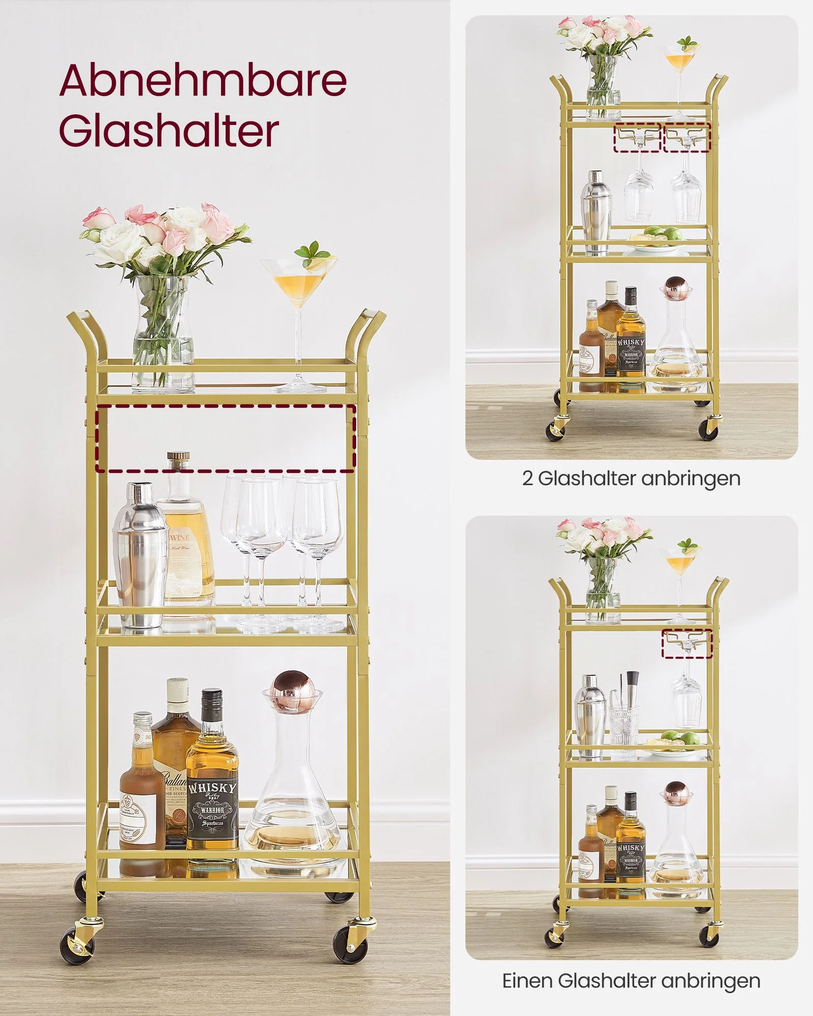 Serveerwagen – Drielaags – Op wielen – Met handgrepen – Spiegelende glazen planken – Voor kleine ruimtes – Keuken – Eetkamer – Bar – Staal - Image 5