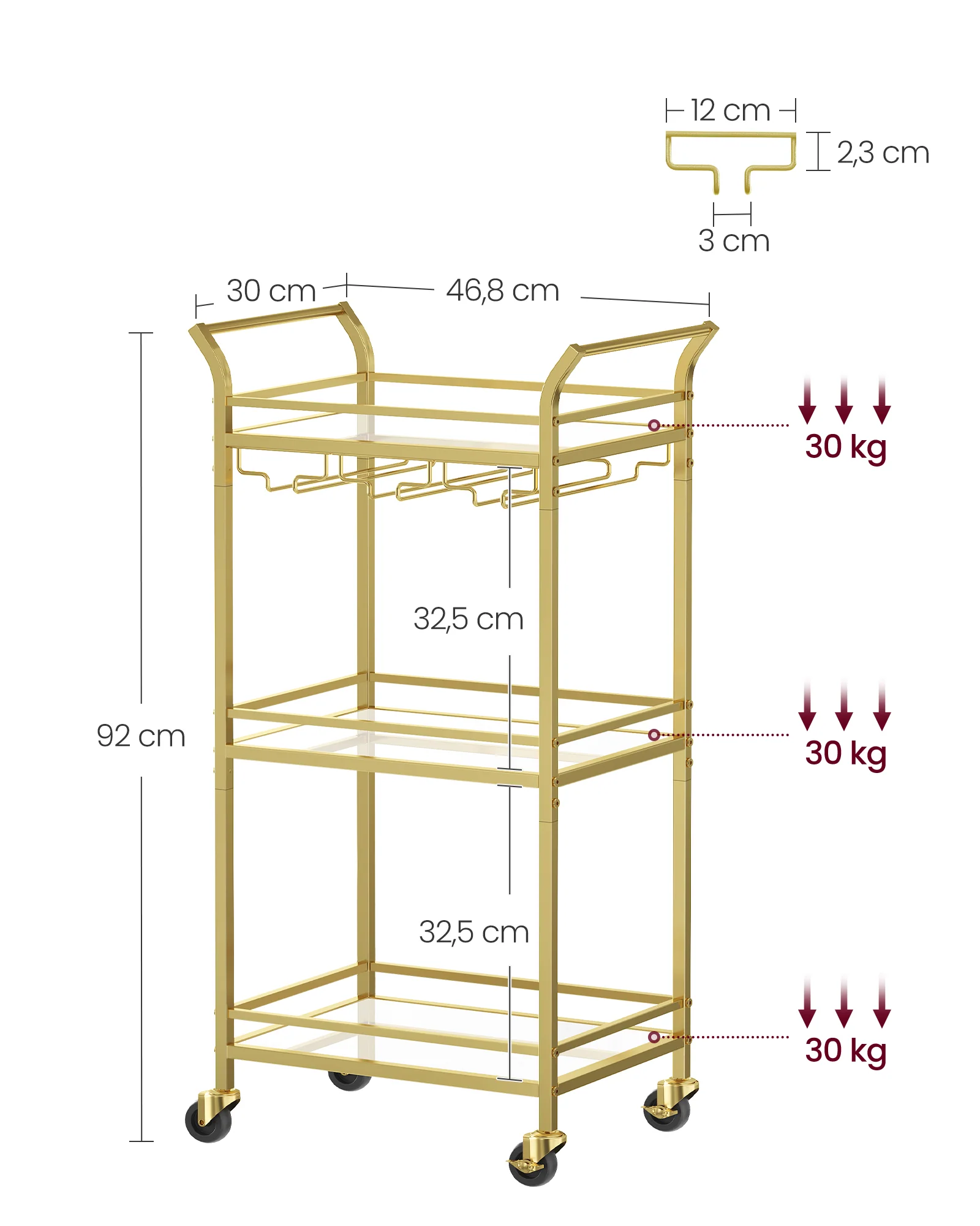 Serveerwagen – Drielaags – Op wielen – Met handgrepen – Spiegelende glazen planken – Voor kleine ruimtes – Keuken – Eetkamer – Bar – Staal - Image 6