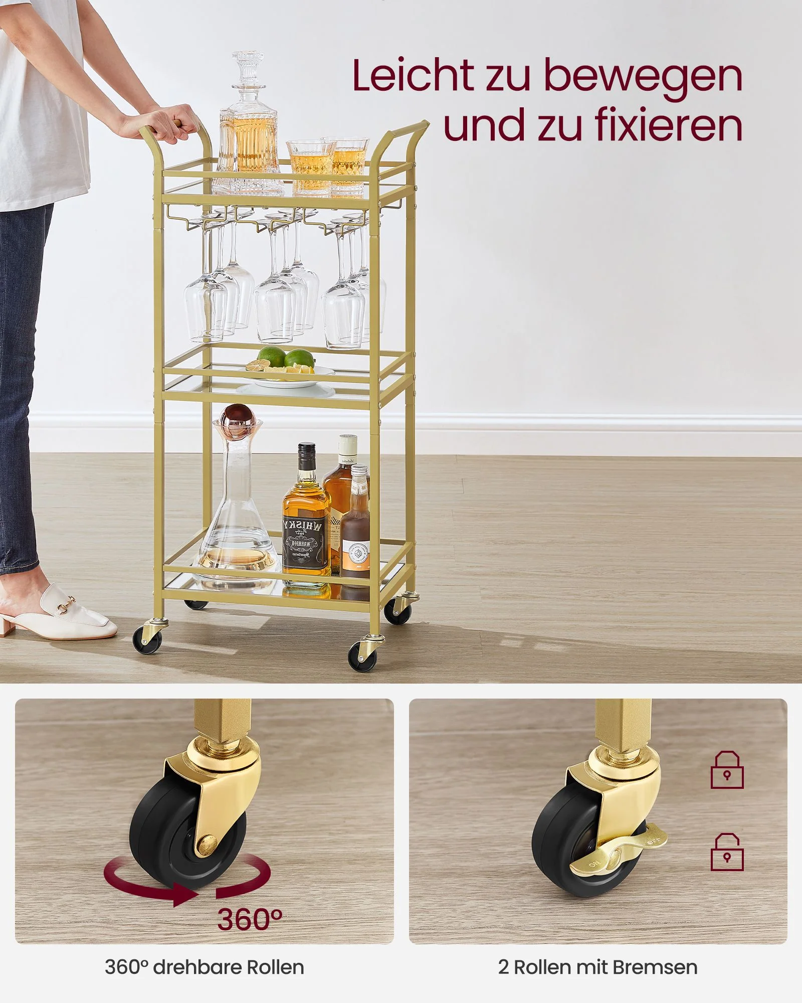 Serveerwagen – Drielaags – Op wielen – Met handgrepen – Spiegelende glazen planken – Voor kleine ruimtes – Keuken – Eetkamer – Bar – Staal - Image 7