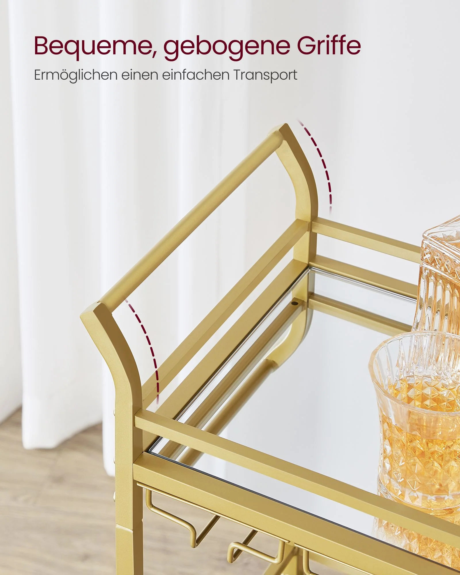 Serveerwagen – Drielaags – Op wielen – Met handgrepen – Spiegelende glazen planken – Voor kleine ruimtes – Keuken – Eetkamer – Bar – Staal - Image 8