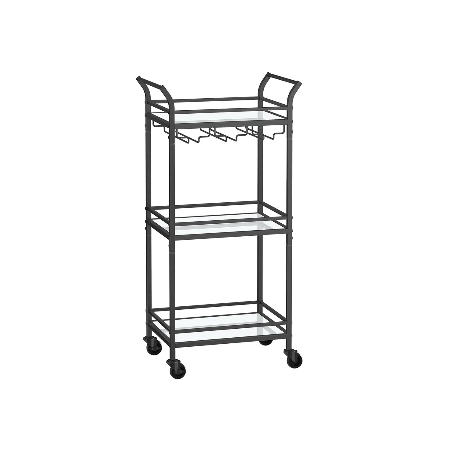 Serveerwagen – Drielaags – Op wielen – Met handgrepen – Spiegelende glazen planken – Voor kleine ruimtes – Keuken – Eetkamer – Bar – Staal - Image 9