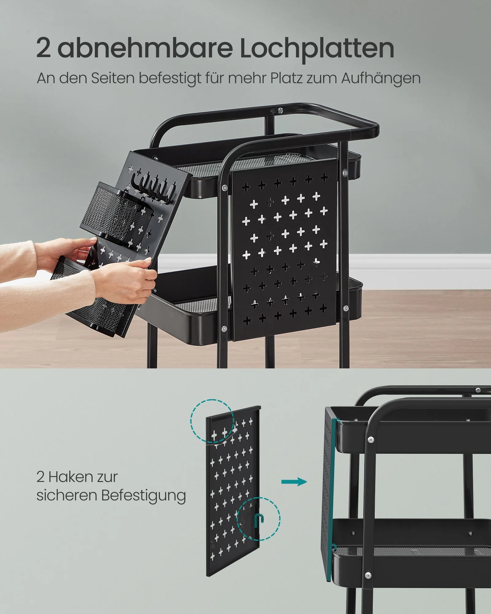 Serveerwagen – 3 Metalen Gaasplanken – 2 Verwijderbare Prikborden – 4 Haken – Staal - Image 3
