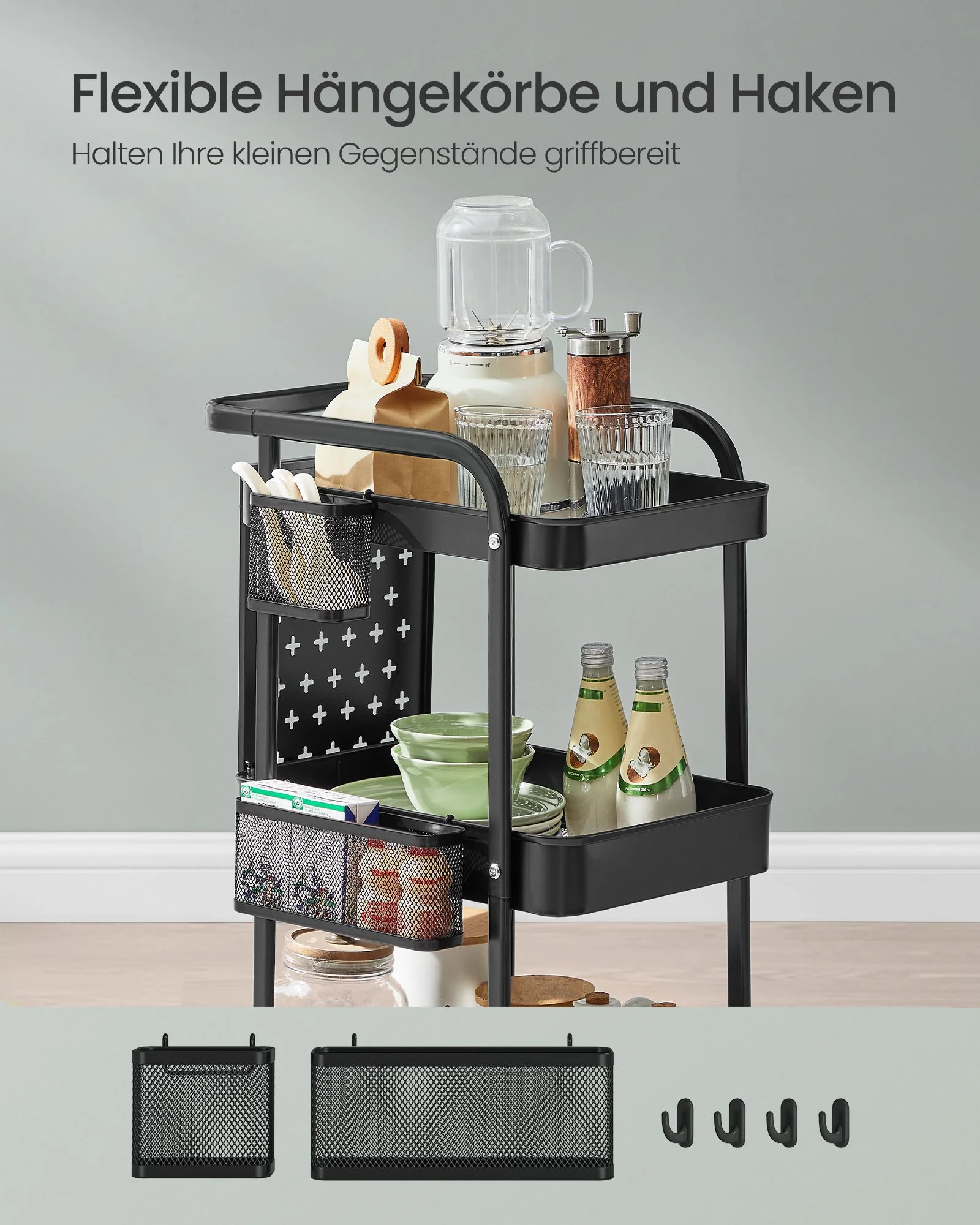 Serveerwagen – 3 Metalen Gaasplanken – 2 Verwijderbare Prikborden – 4 Haken – Staal - Image 4