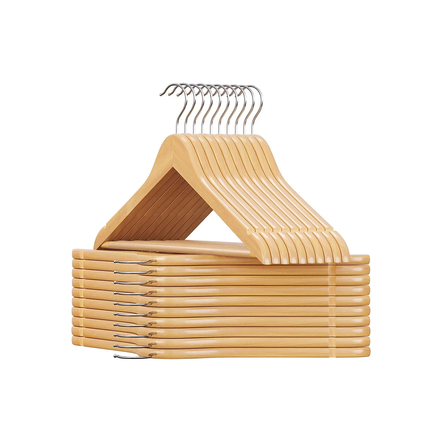 Set Luxe Houten Kledinghangers – Massief Esdoornhout – Met Antislip Broekstang en Schouderinkepingen – 360° Draaibare Haak - Image 3