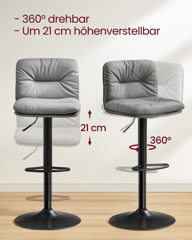 Set van 2 Barkrukken – Verstelbaar – 360° Draaibaar – Kunstleer met Rugleuning en Voetsteun - Image 9