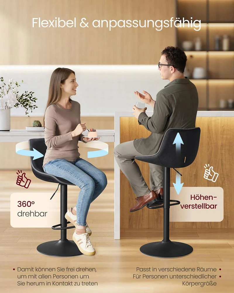 Set van 2 Barkrukken – Verstelbare Zithoogte – Fluwelen Bekleding – Ergonomisch Comfort – Stabiele Voet - Image 4