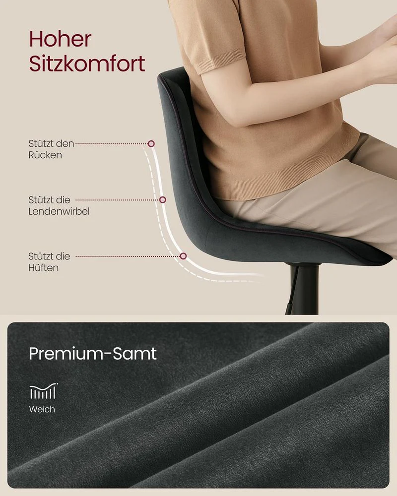 Set van 2 Barkrukken – Verstelbare Zithoogte – Fluwelen Bekleding – Ergonomisch Comfort – Stabiele Voet - Image 5