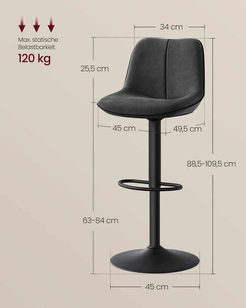 Set van 2 Barkrukken – Verstelbare Zithoogte – Fluwelen Bekleding – Ergonomisch Comfort – Stabiele Voet - Image 8