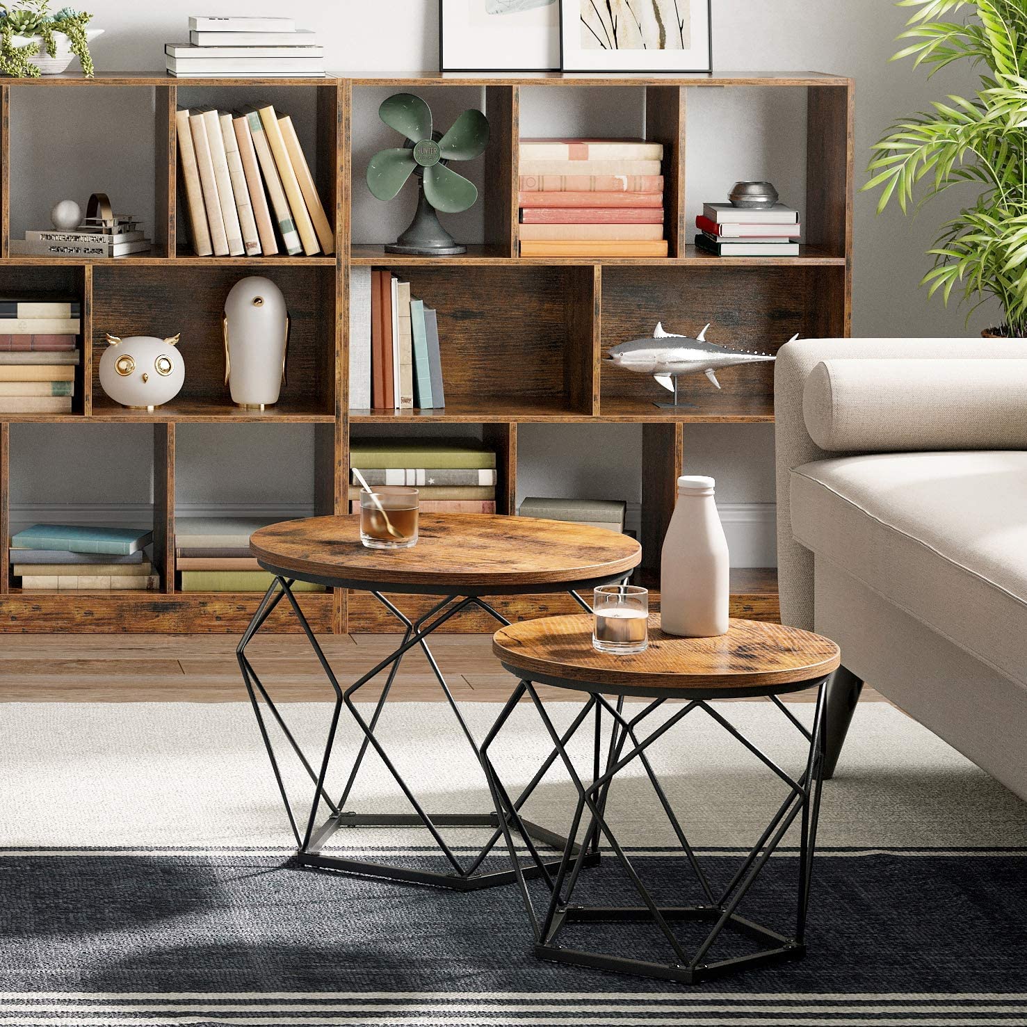 Set van 2 Salontafels – Industrieel Design – Rond – Metaal & Houtlook - Image 5