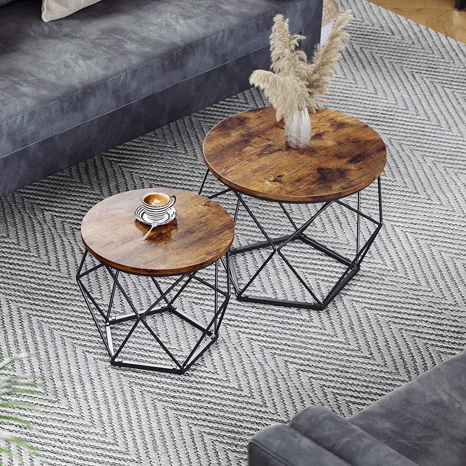 Set van 2 Salontafels – Industrieel Design – Rond – Metaal & Houtlook - Image 7