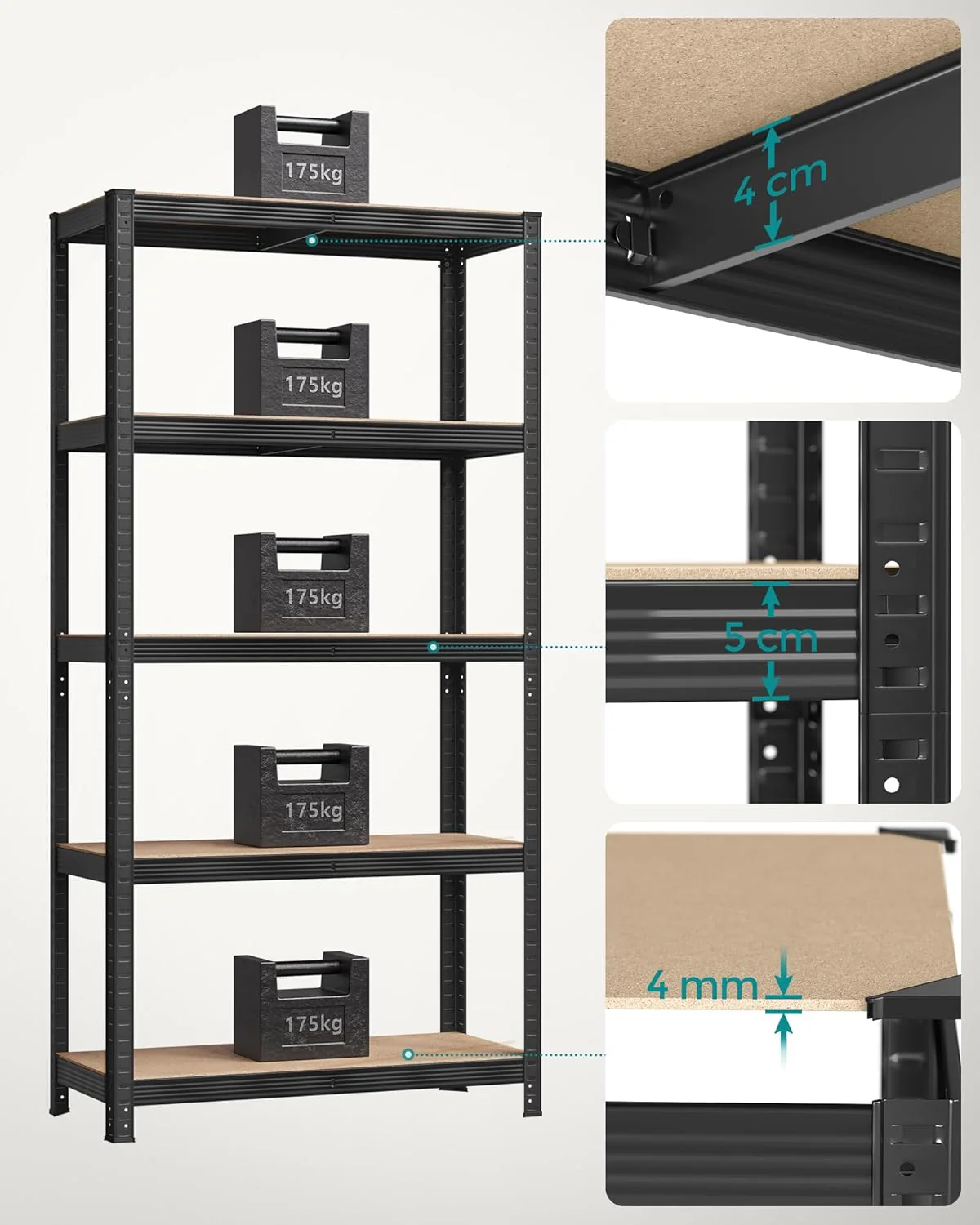 Set van 2 Stalen Opbergrekken – 5 Niveaus – 180 cm Hoog – 875 kg Draagvermogen per Rek – Verdeelbaar & In Hoogte Verstelbaar – Stellingkast - Image 4