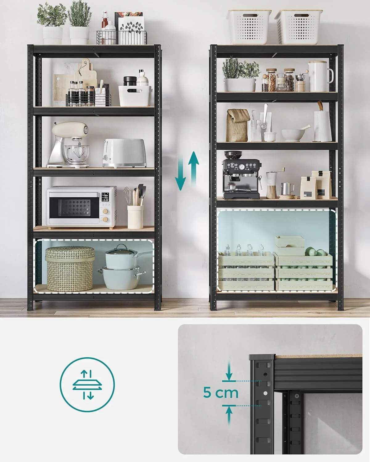 Set van 2 Stalen Opbergrekken – 5 Niveaus – 180 cm Hoog – 875 kg Draagvermogen per Rek – Verdeelbaar & In Hoogte Verstelbaar – Stellingkast - Image 5