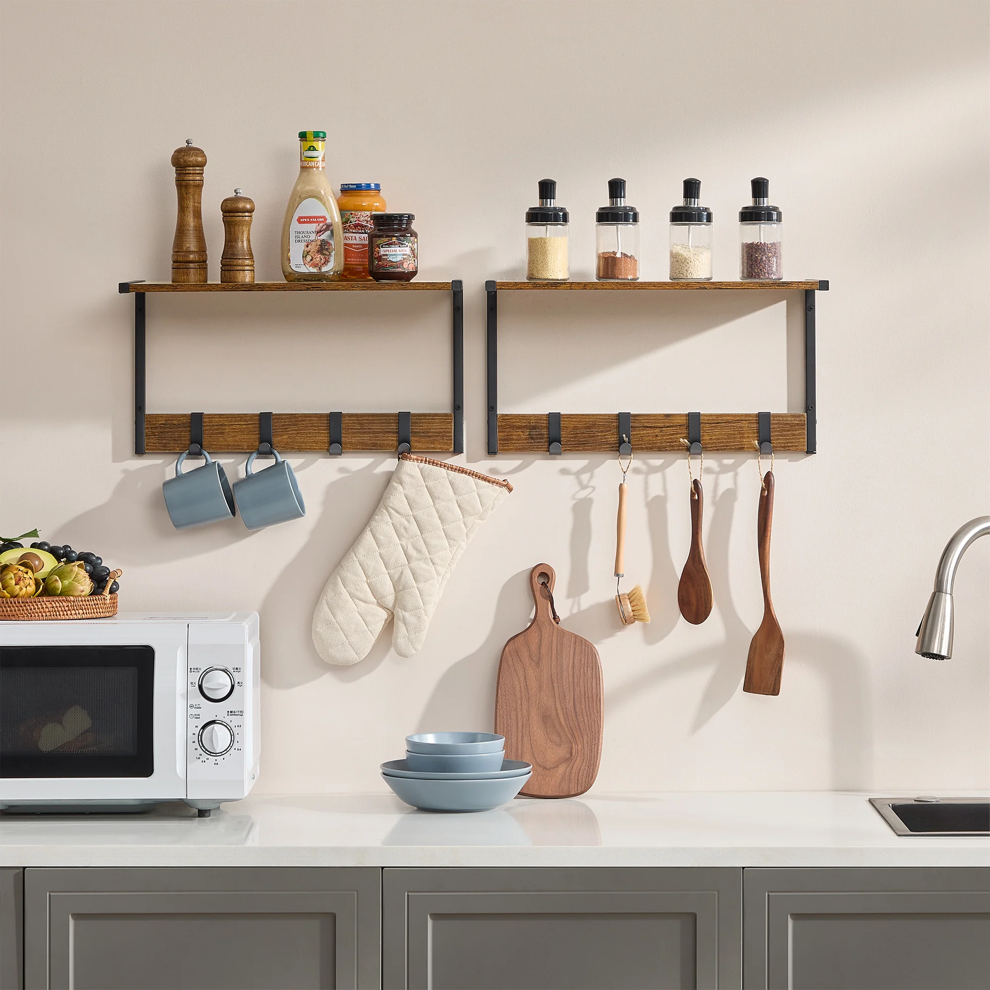 Set van 2 Wandplanken – Zwevende Planken – 24 cm diep – Met Haakjes – Voor Woonkamer, Keuken, Badkamer of Slaapkamer – Totale Draagvermogen 35 kg - Image 3