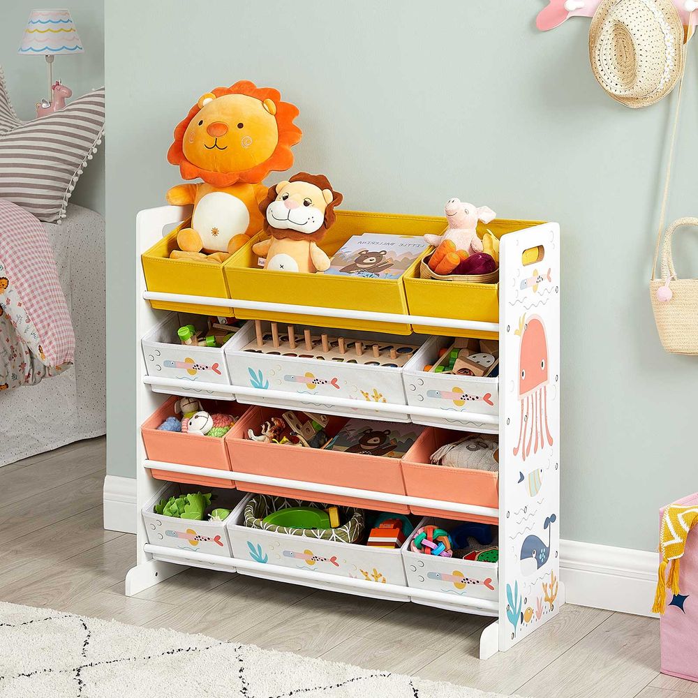 Speelgoedkast voor Kinderen – Met Zeedierenmotief – Inclusief 12 Stoffen Opbergvakken – 83 cm Breed – Met Anti-kantelbeveiliging - Image 3