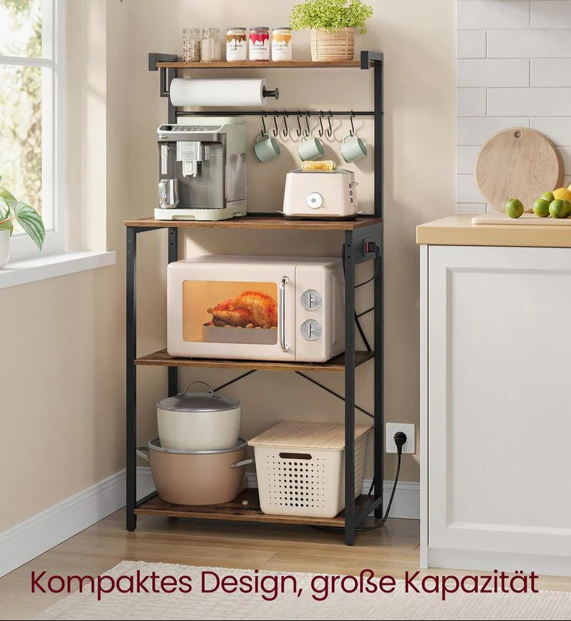 Staand Keukenrek met Stopcontact – Magnetronrek met Verstelbare Plank – 60 x 40 x 140 cm – Industrieel Design - Image 3