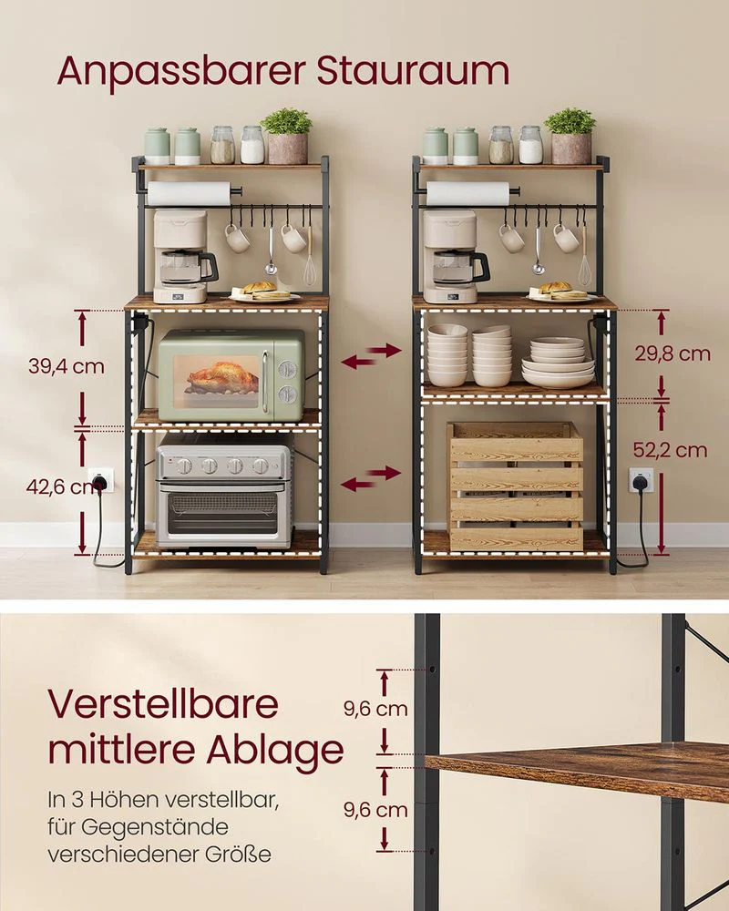 Staand Keukenrek met Stopcontact – Magnetronrek met Verstelbare Plank – 60 x 40 x 140 cm – Industrieel Design - Image 6