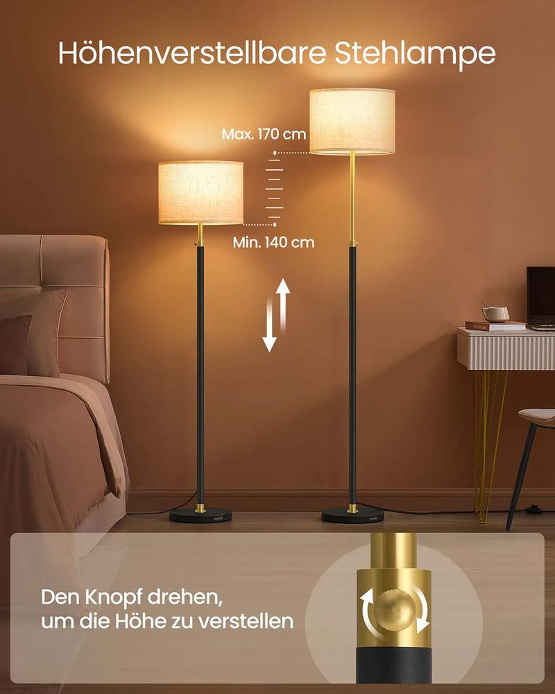 Staande Lamp met Stoffen Lampenkap – Verstelbare Hoogte – Inclusief LED-lamp – Goud-Zwart - Image 3