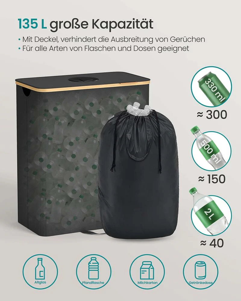 Statiegeldflescontainer – 95L of 135L – Opvouwbare Flessenverzamelaar met Deksel en Ingooi – Met Wasbare Binnenzak en Handgrepen - Image 7