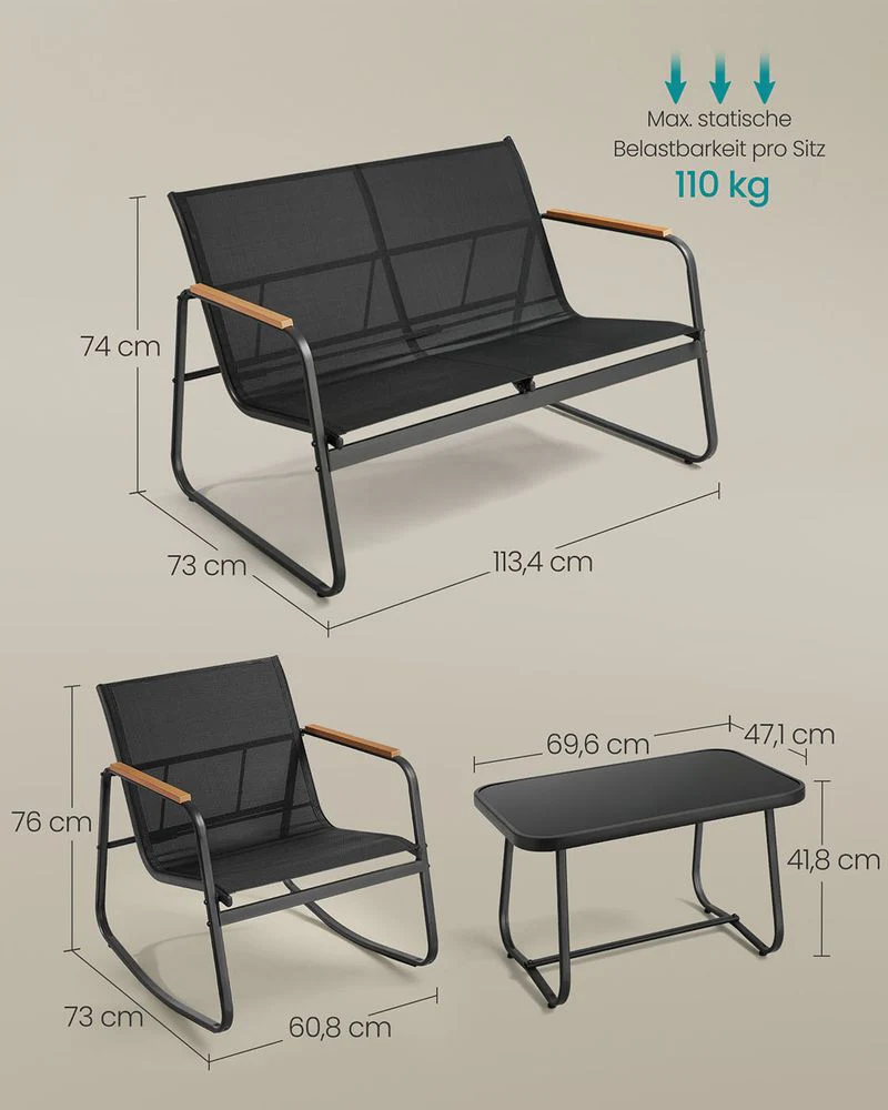 Tuinset 4-delig - Balkonset - 2 Stoelen en Bankje met Bijzettafel - Image 7