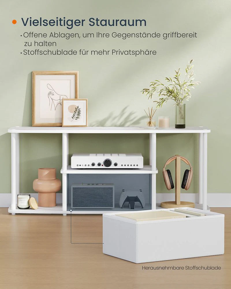 TV-meubel 110 cm – Wit – 3 Niveaus – Zonder Gereedschap te Monteren – Met Stoffen Lade – Tot 98 kg Draagvermogen - Image 4