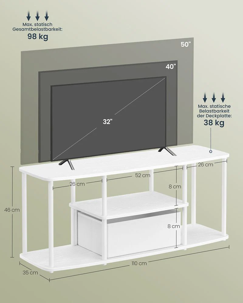 TV-meubel 110 cm – Wit – 3 Niveaus – Zonder Gereedschap te Monteren – Met Stoffen Lade – Tot 98 kg Draagvermogen - Image 6