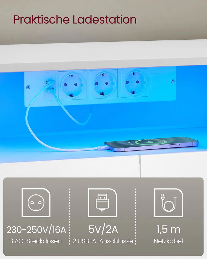TV Meubel Uitschuifbaar – Met LED-Verlichting & Oplaadstation – Voor TV’s tot 65 inch – Verstelbare Lengte 162-270 cm – Wit/Beige - Image 4