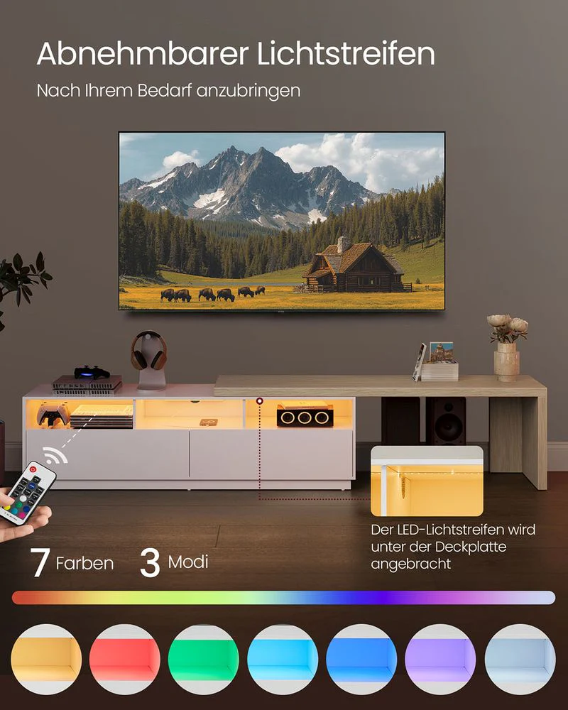 TV Meubel Uitschuifbaar – Met LED-Verlichting & Oplaadstation – Voor TV’s tot 65 inch – Verstelbare Lengte 162-270 cm – Wit/Beige - Image 5