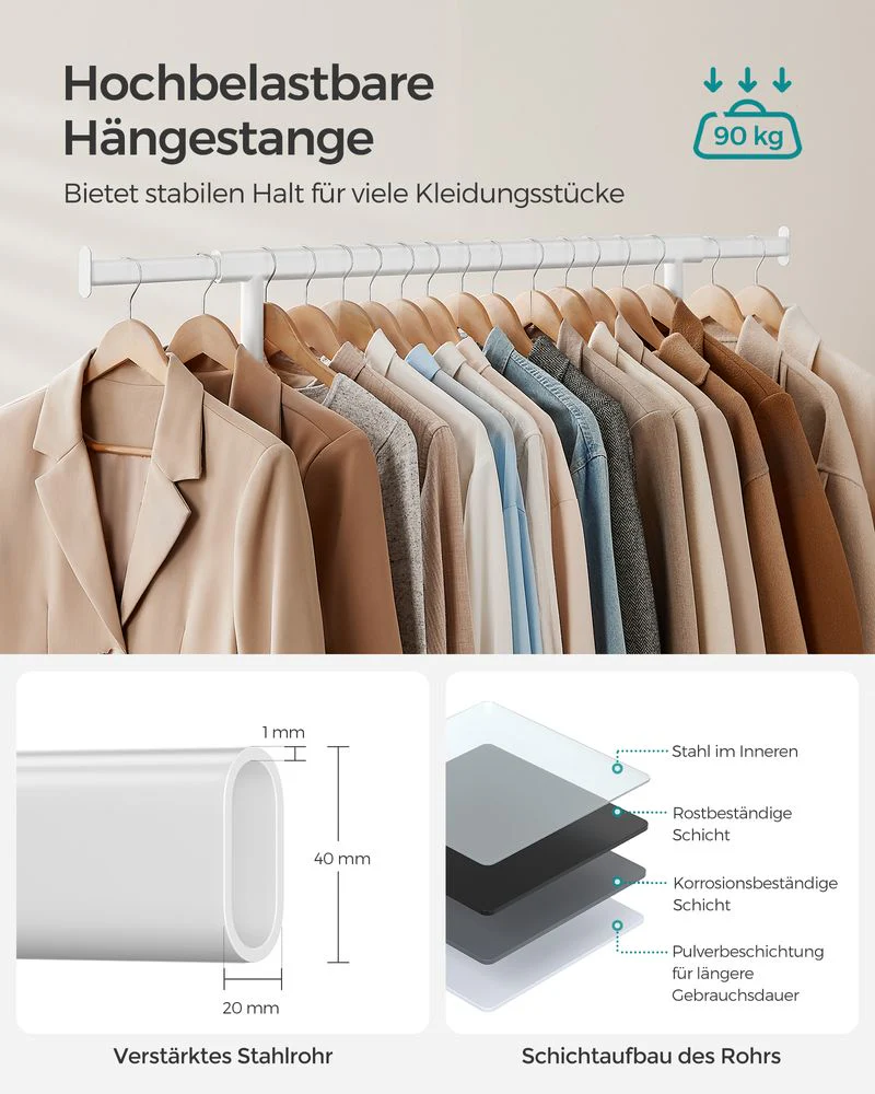 Uitschuifbaar Kledingrek met Wielen – Kledingstandaard tot 90 kg – Inklapbaar – Verchroomd Metaal – Voor Wasruimte, Slaapkamer of Balkon - Image 5