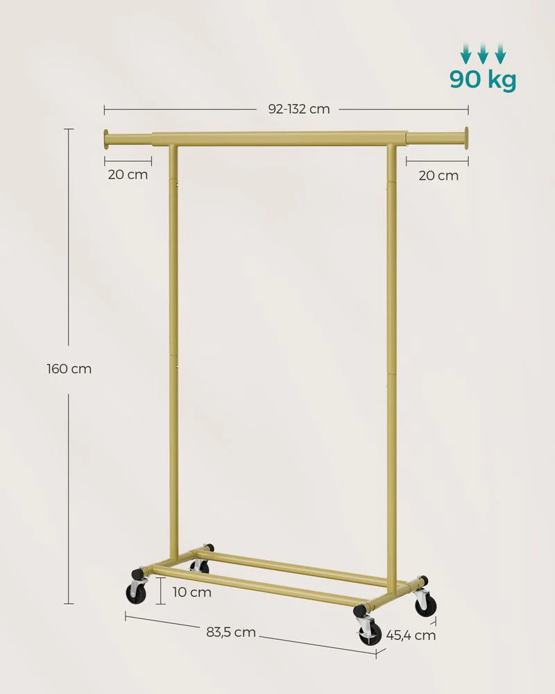 Uitschuifbaar Kledingrek met Wielen – Kledingstandaard tot 90 kg – Inklapbaar – Verchroomd Metaal – Voor Wasruimte, Slaapkamer of Balkon - Image 6
