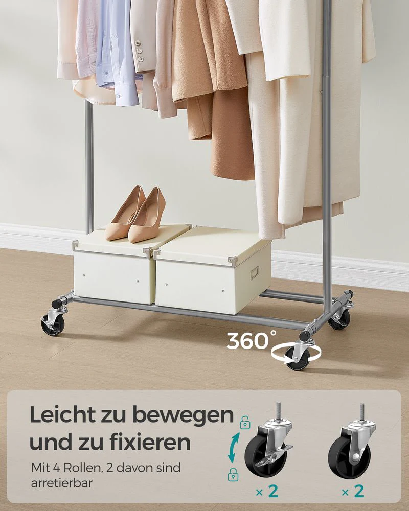 Uitschuifbaar Kledingrek met Wielen – Kledingstandaard tot 90 kg – Inklapbaar – Verchroomd Metaal – Voor Wasruimte, Slaapkamer of Balkon - Image 8