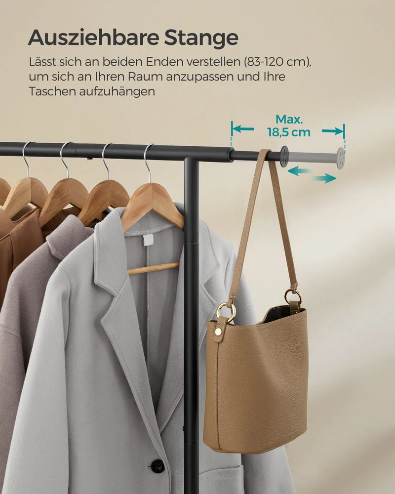 Uitschuifbaar Kledingrek op Wielen – Kledingstandaard 83-120 cm – Met Schoenenplank – 45 kg Draagvermogen - Image 4