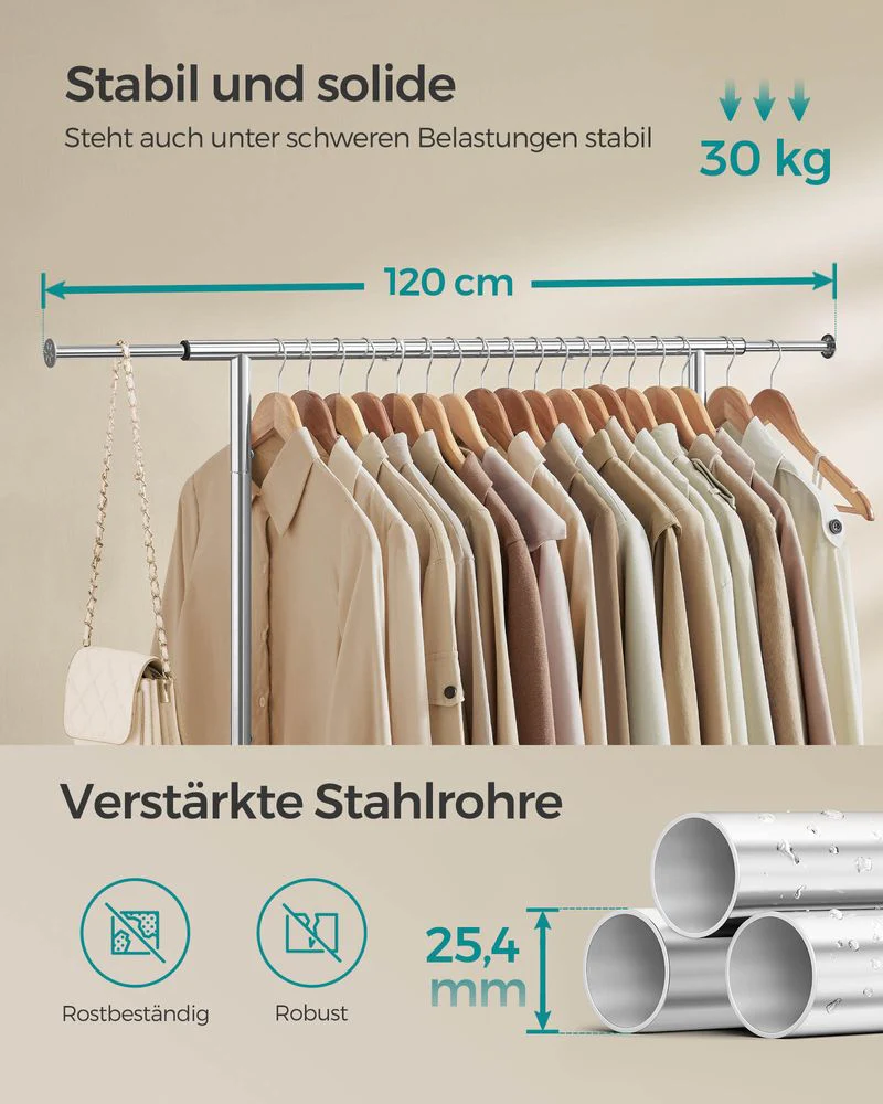 Uitschuifbaar Kledingrek op Wielen – Kledingstandaard 83-120 cm – Met Schoenenplank – 45 kg Draagvermogen - Image 5