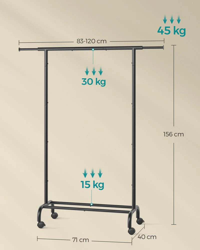 Uitschuifbaar Kledingrek op Wielen – Kledingstandaard 83-120 cm – Met Schoenenplank – 45 kg Draagvermogen - Image 7