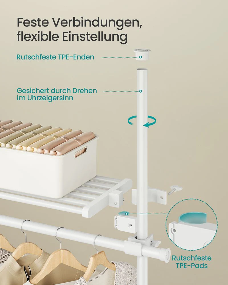 Uitschuifbare Kledingstandaard – Verstelbare Garderobe met Dubbele Kledingstang en Opbergplank - Image 7