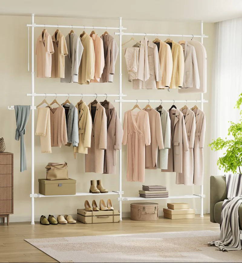 Uitschuifbare Kledingstandaard – Verstelbare Garderobe met Dubbele Kledingstang en Opbergplank - Image 9