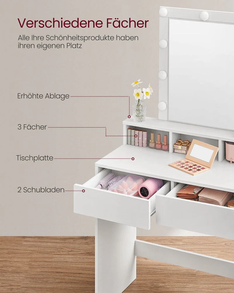 Kaptafel met Verlichting - Make-up tafel - Kaptafel met Lade en Spiegel - Image 5