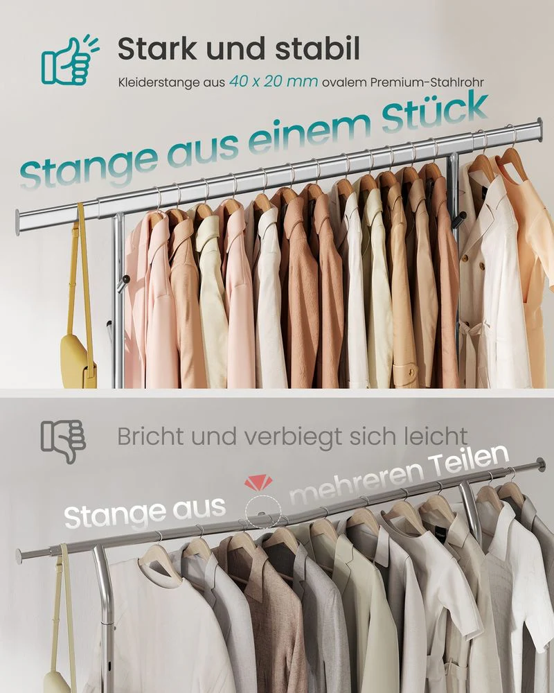 Verstelbaar Kledingrek Op Wielen – Dubbele Of Enkele Stang – Industriële Stijl – Draagkracht Tot 270 kg – Uitschuifbaar En Hoogteverstelbaar – Met S-Haken En Schoenenrek - Image 4