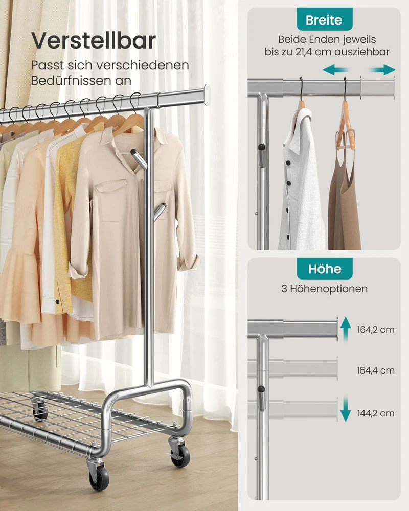 Verstelbaar Kledingrek Op Wielen – Dubbele Of Enkele Stang – Industriële Stijl – Draagkracht Tot 270 kg – Uitschuifbaar En Hoogteverstelbaar – Met S-Haken En Schoenenrek - Image 5