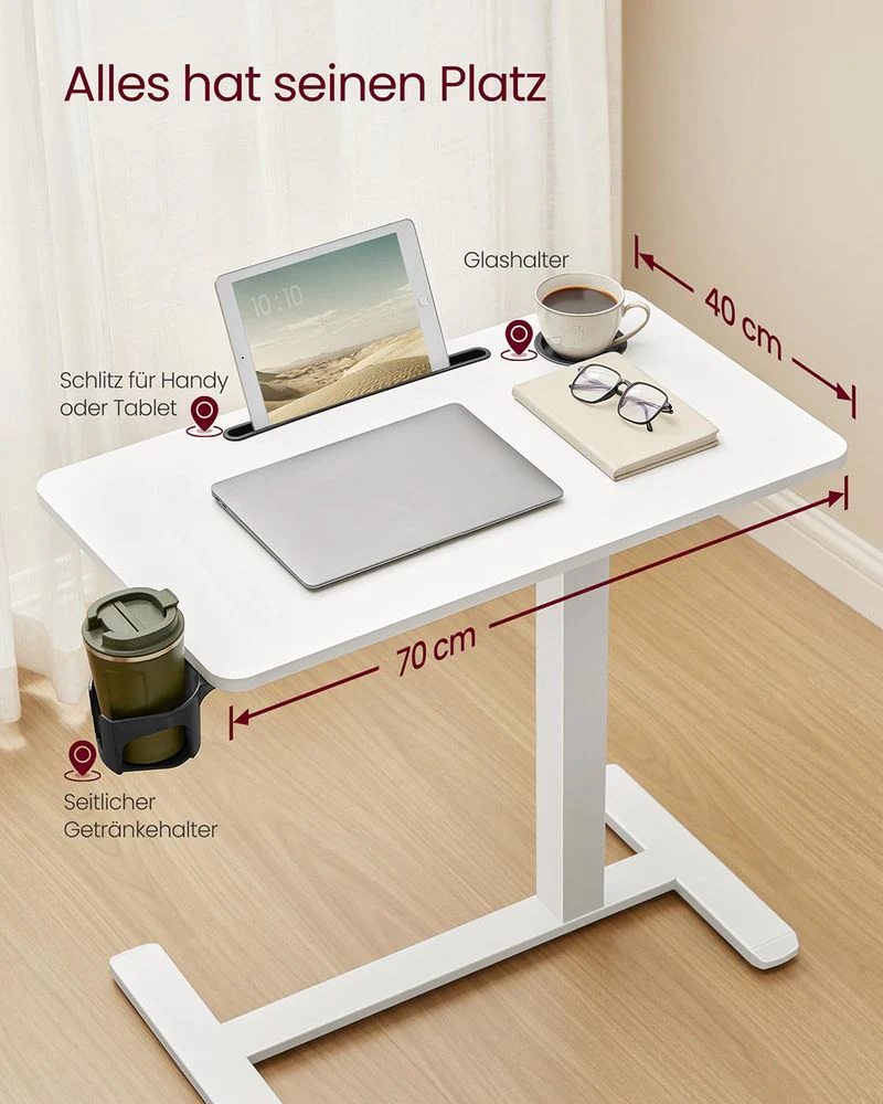 Verstelbare Bijzettafel met Wielen – Hoogte 65-102 cm – Wit – Multifunctioneel Tafeltje - Image 6