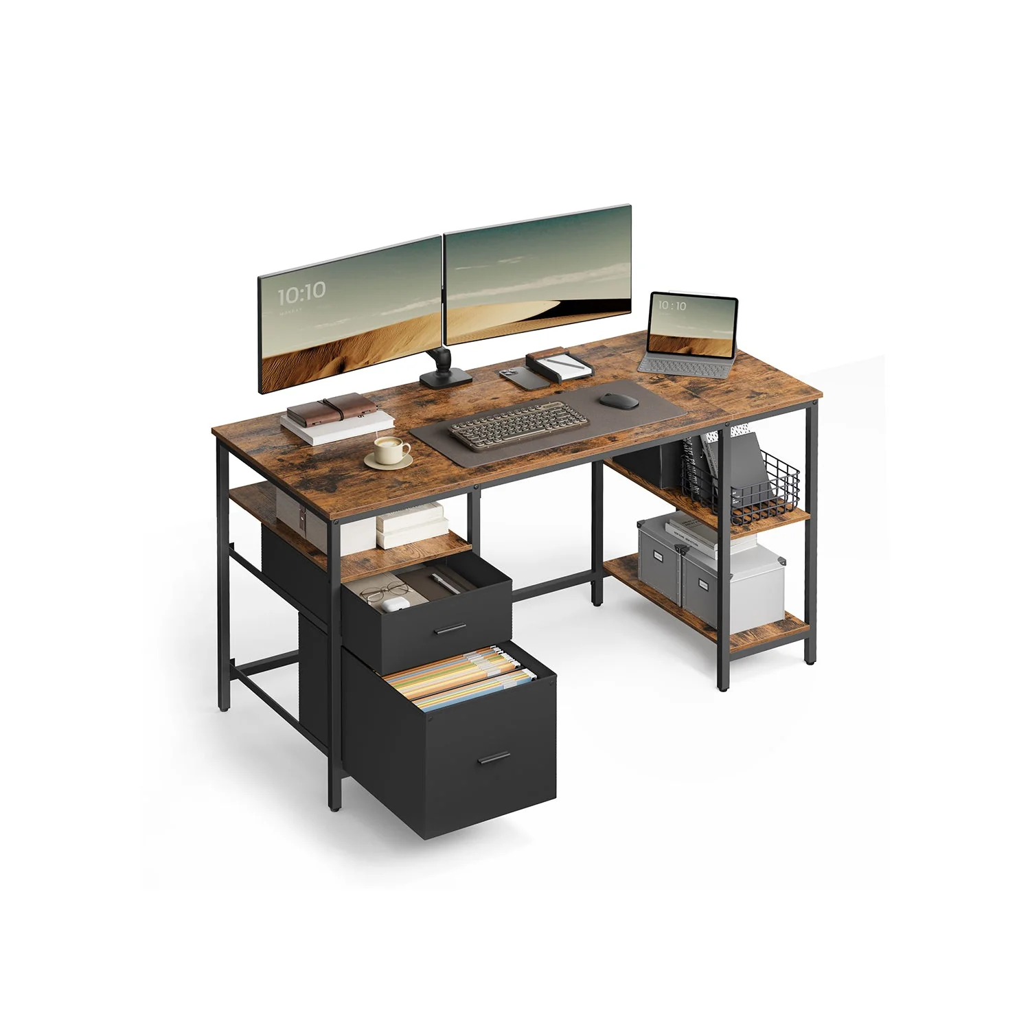 Vintage Bureau 140 of 160 cm – Industrieel Design met Laden en Planken – Tot 50 kg Draagvermogen