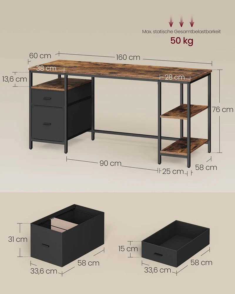 Vintage Bureau 140 of 160 cm – Industrieel Design met Laden en Planken – Tot 50 kg Draagvermogen - Image 10